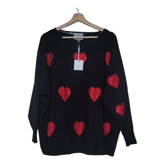 NWT Liv Milano XL Black & Candy Apple Red Heart Lightweight Knit Sweater - Picture 2 of 9